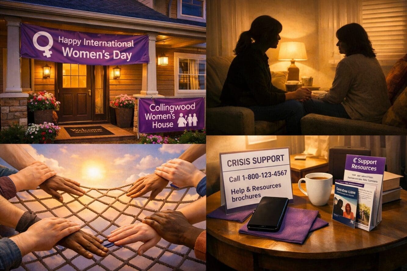 Landscape format (1536x1024) image showing welcoming shelter entrance with warm lighting, safe house exterior in Collingwood with purple IWD