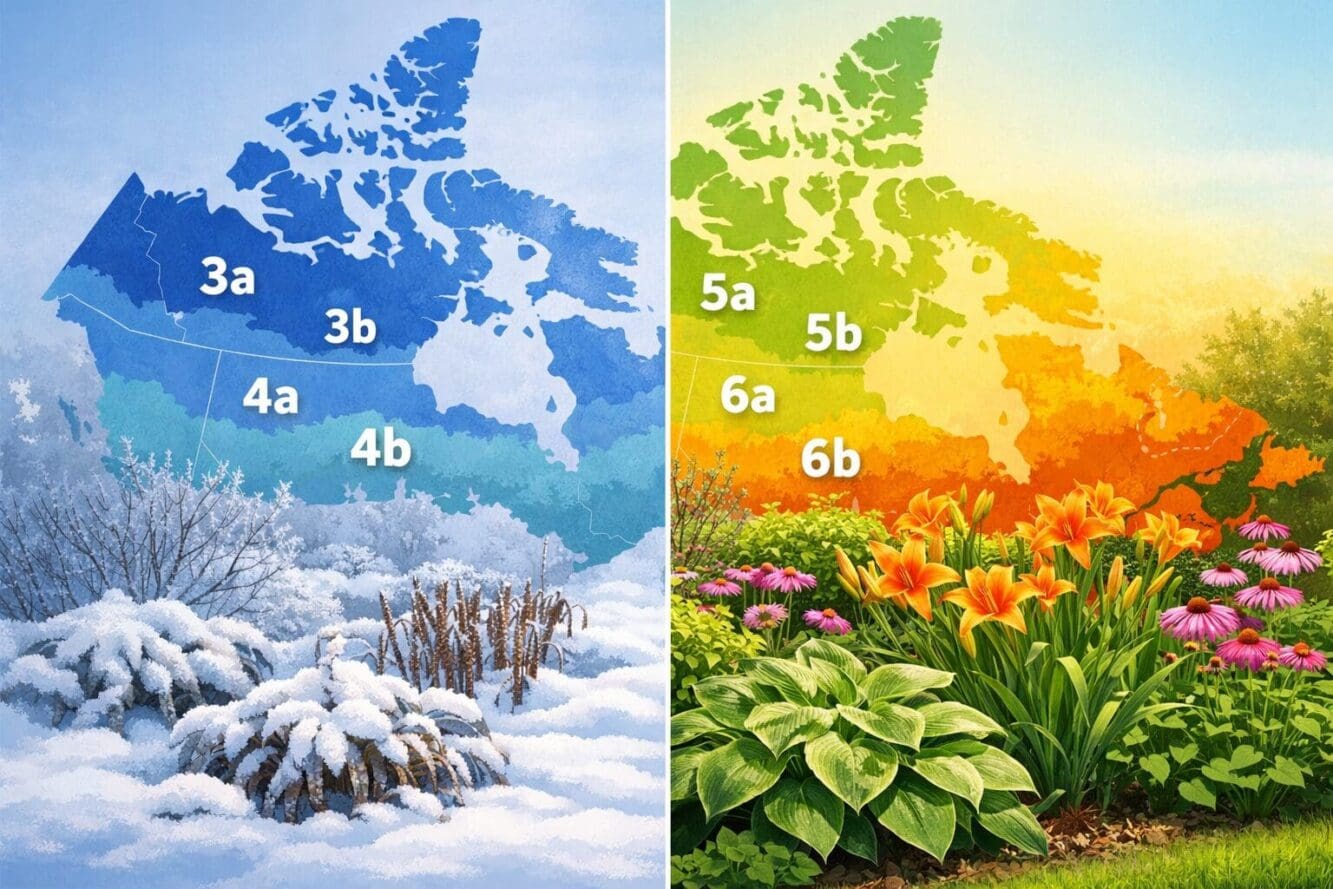 Landscape format (1536x1024) illustration showing a split-screen Canadian garden scene: left side depicts harsh winter with snow-covered dor