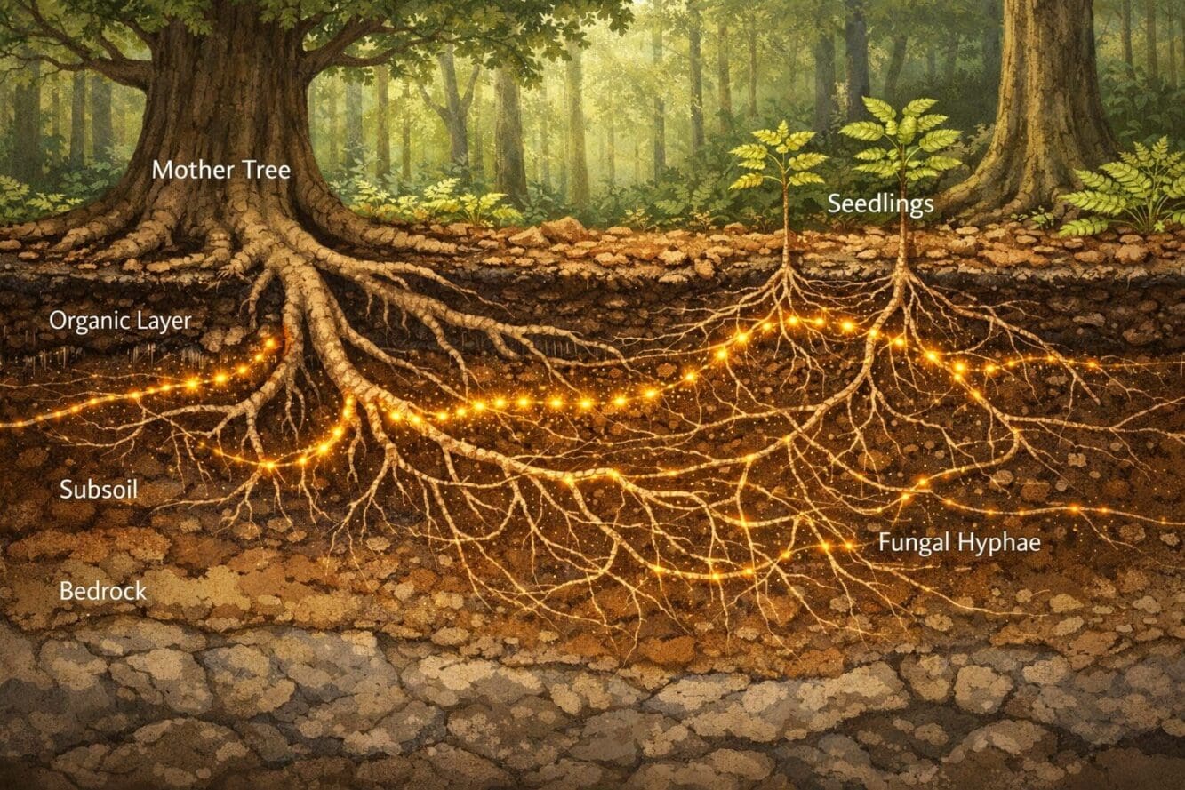 Detailed landscape format (1536x1024) illustration showing underground mycorrhizal network cross-section beneath a mature forest floor, with