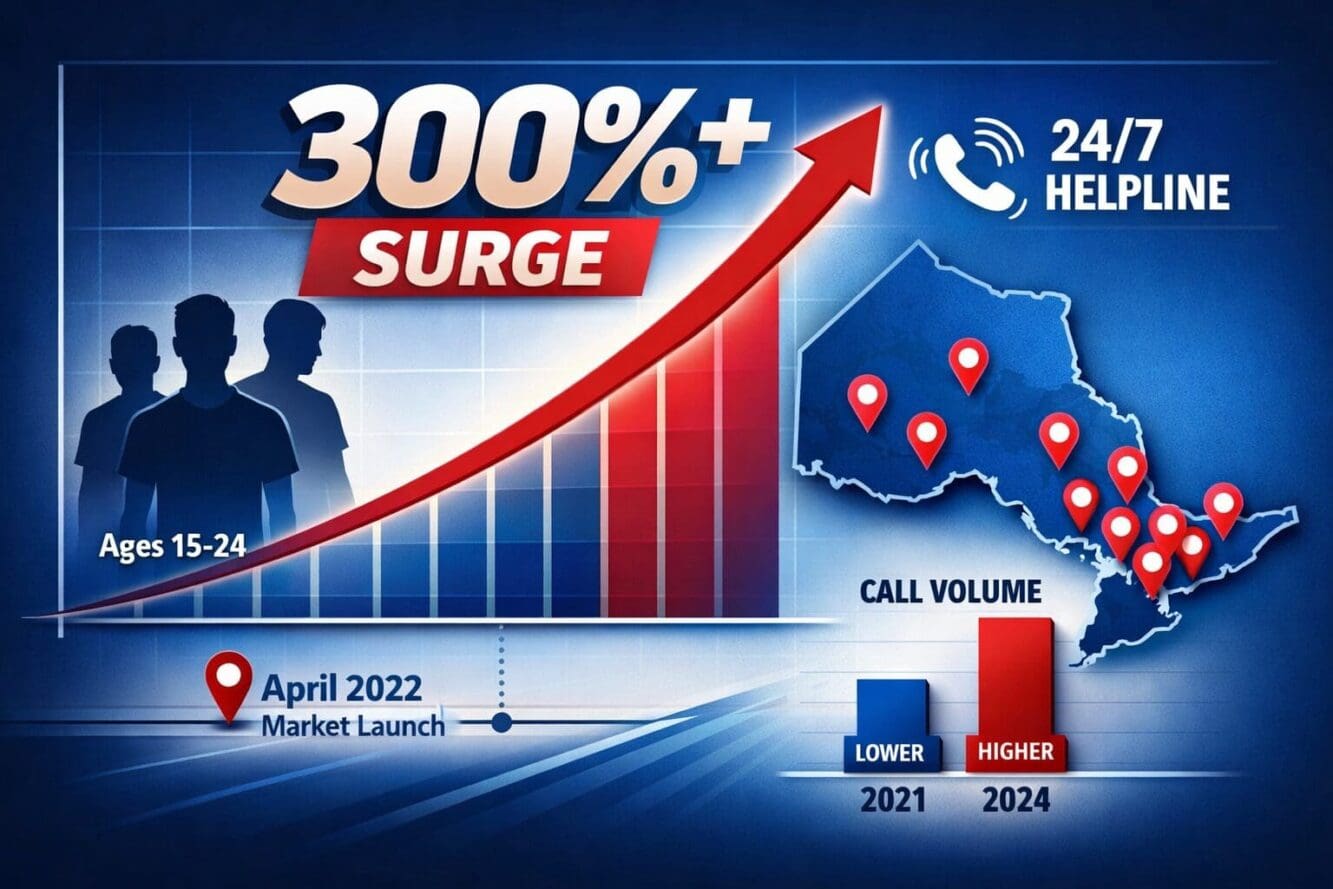 Landscape format (1536x1024) infographic showing dramatic upward trending line graph with '300%+ Surge' text overlay, young male silhouettes