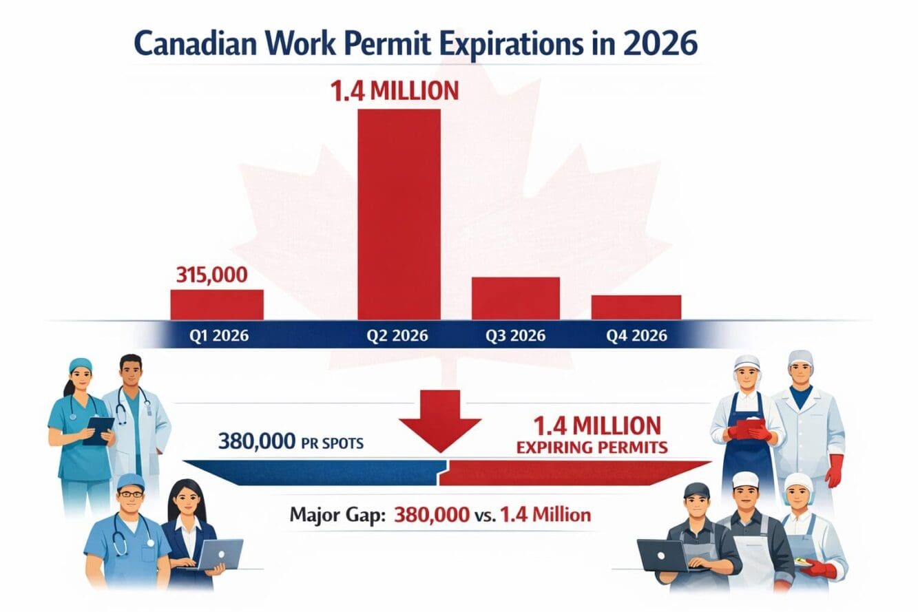 Landscape format (1536x1024) editorial infographic-style image showing a timeline bar chart of Canadian work permit expirations across 2026