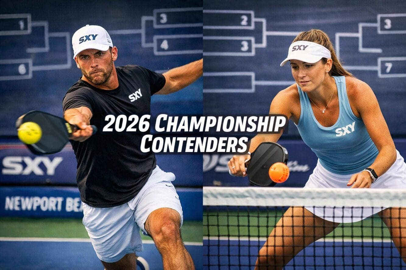 Landscape format (1536x1024) editorial image showing split-screen comparison of top men's and women's pickleball players in action poses at 