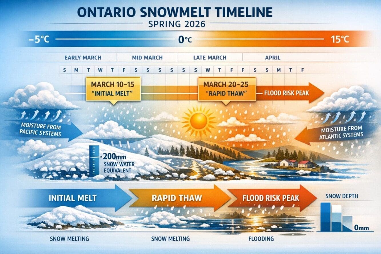 Landscape format (1536x1024) detailed infographic showing Ontario snowmelt timeline from early March through April 2026, with temperature gr