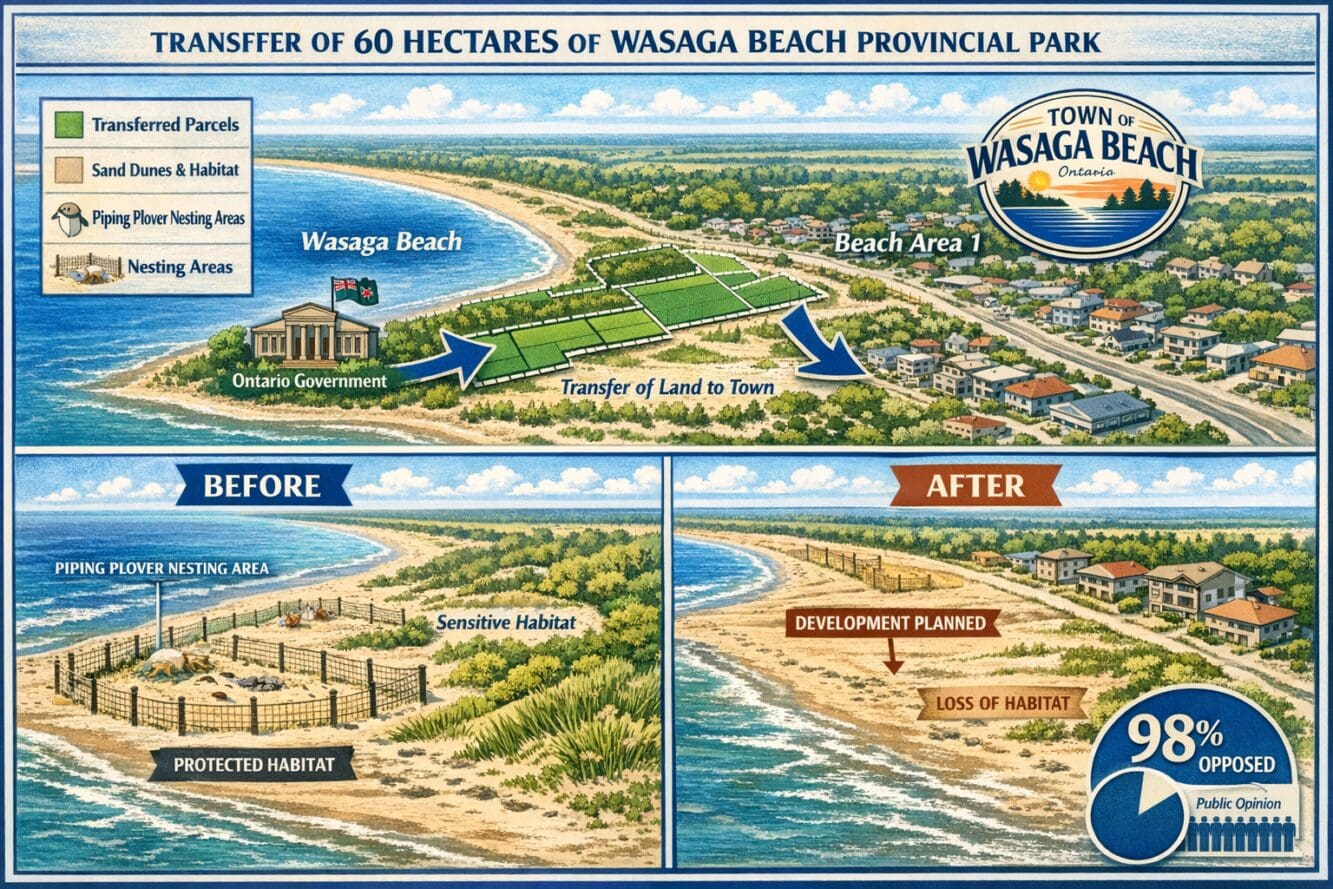 Landscape format (1536x1024) detailed illustration showing 60 hectares of Wasaga Beach Provincial Park beachfront with overlay map highlight