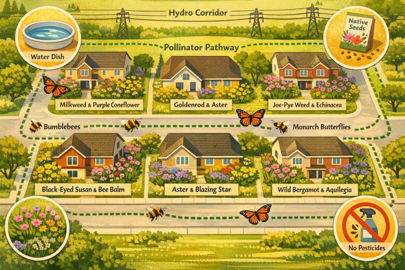 Detailed landscape format (1536x1024) illustration of a Canadian neighbourhood street map viewed from above, showing six residential propert