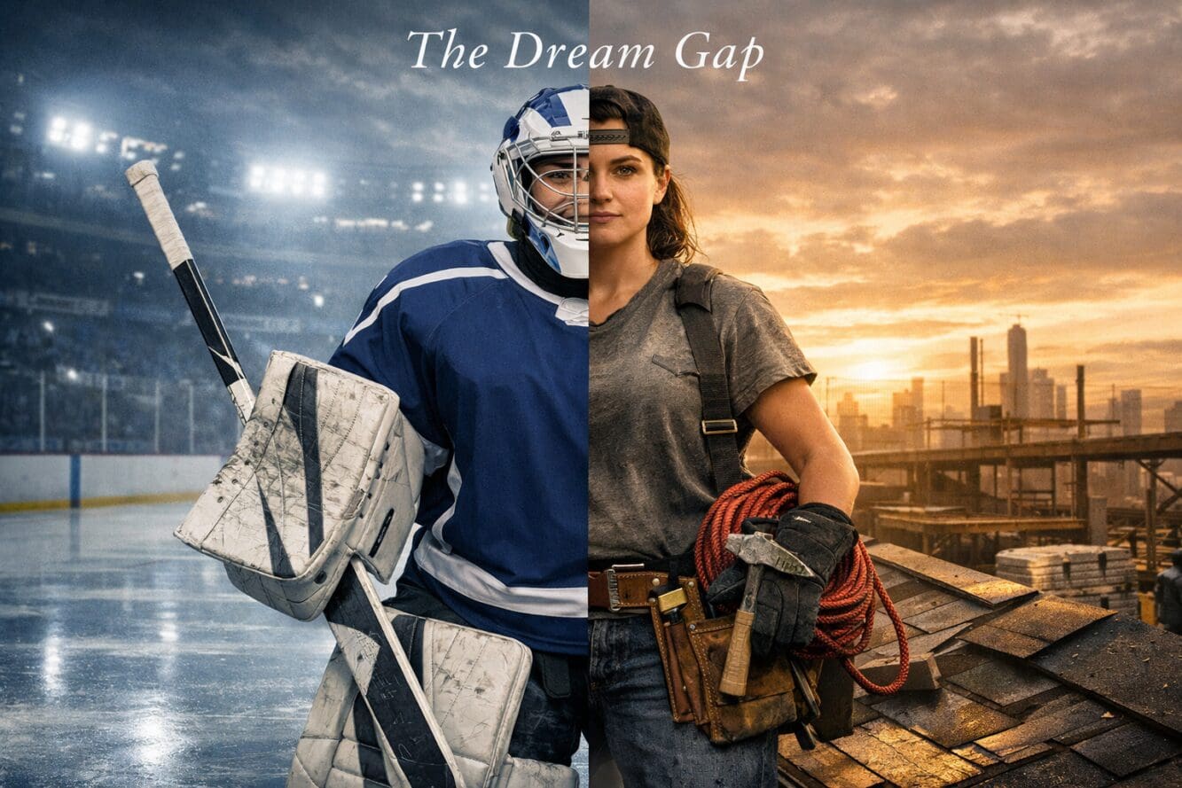 Detailed landscape format (1536x1024) illustration of a woman hockey goaltender in full gear standing on a rooftop construction site holding