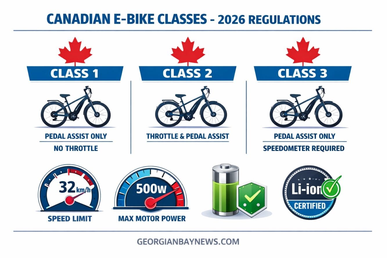 Include the text: GEORGIANBAYNEWS.COM, in each image in a discreet fashion. Detailed landscape format (1536x1024) infographic-style illustra
