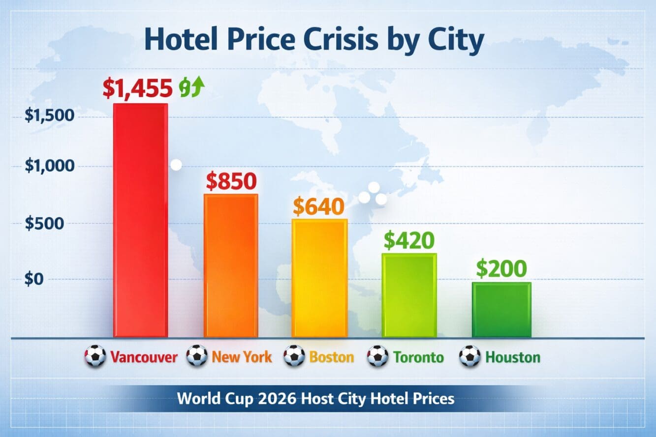 Detailed () infographic-style image showing a price comparison bar chart of World Cup 2026 host city hotel prices. Vancouver