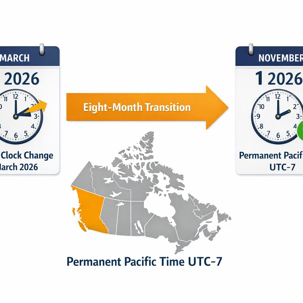 () editorial infographic-style image showing a timeline visualization of BC's daylight saving time elimination. Left side
