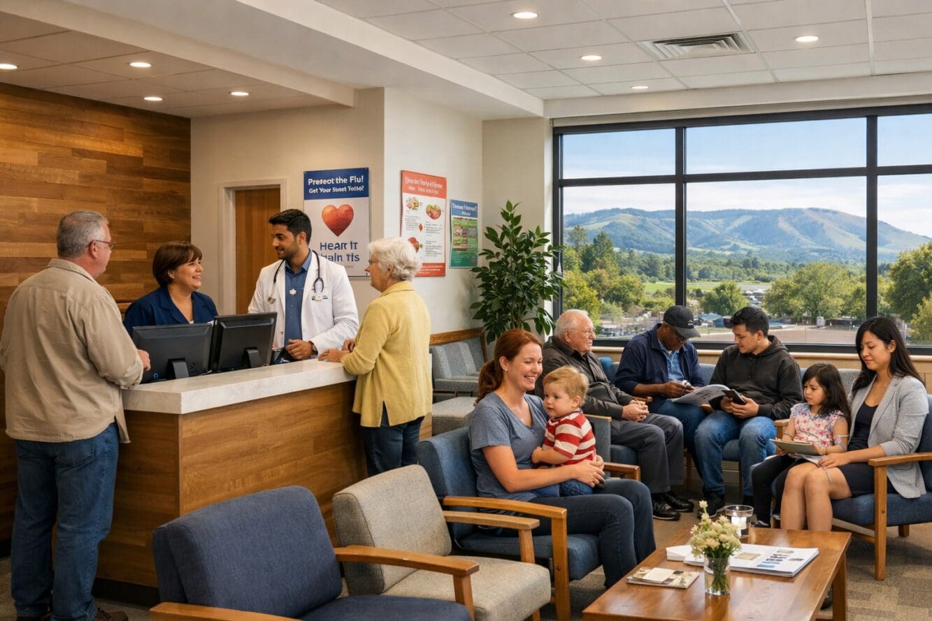() editorial image showing modern family medical clinic interior in small Ontario town, bright reception area with