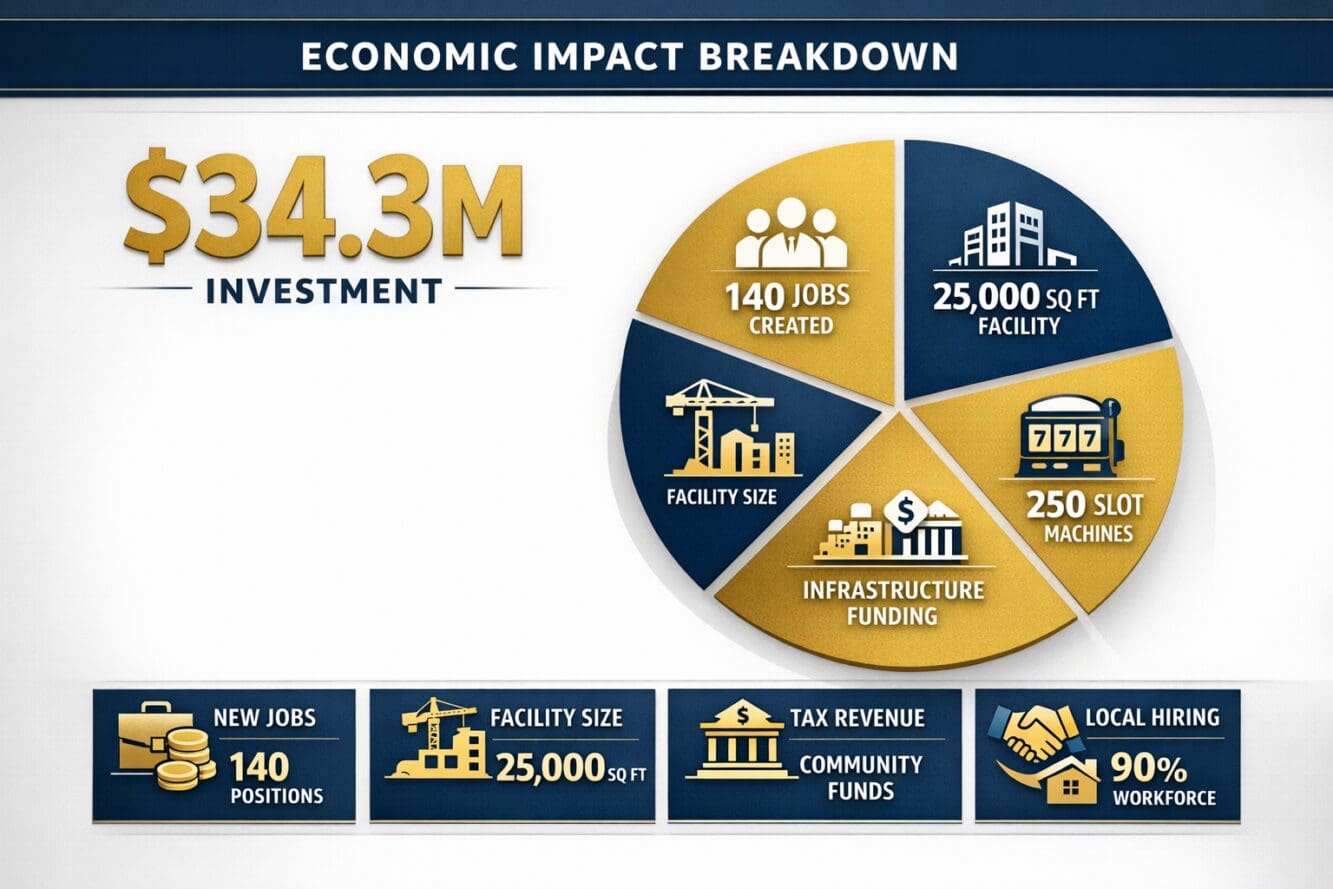 () infographic showing economic impact breakdown with large '$34.3M' investment figure in gold text, pie chart segments