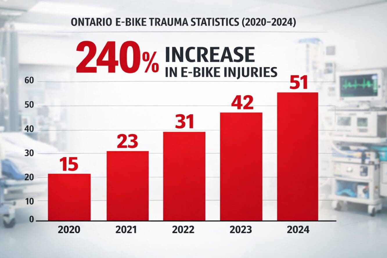 () infographic showing Ontario e-bike trauma statistics from 2020 to 2024, bar graph with red ascending bars, numbers 15 to