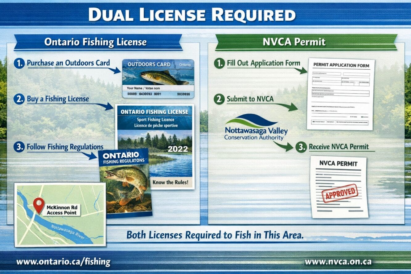 () detailed infographic showing Ontario fishing license plus NVCA permit requirements side-by-side, McKinnon Road access