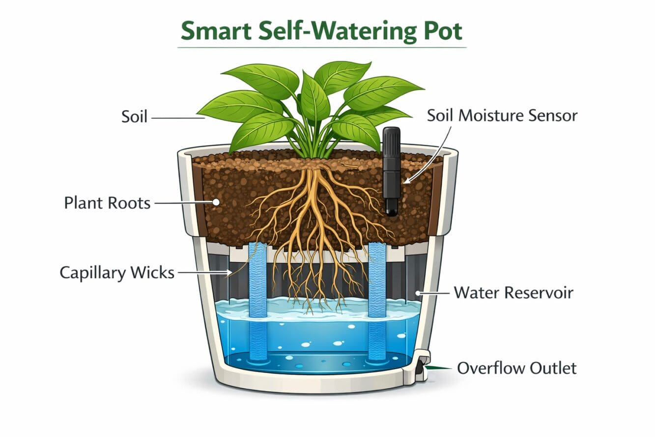 () editorial illustration showing a cross-section cutaway diagram of a smart self-watering pot revealing internal water