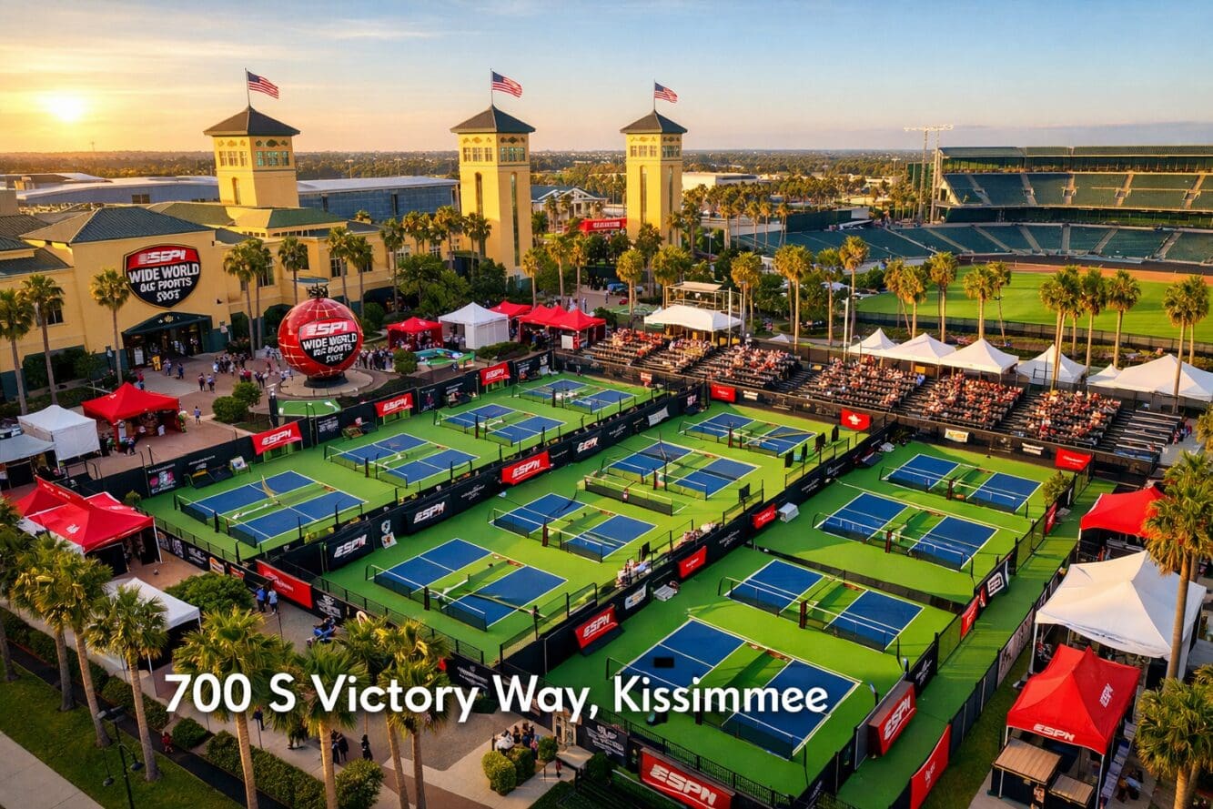 () detailed aerial view of ESPN Wide World of Sports Complex in Kissimmee showing multiple outdoor pickleball courts with