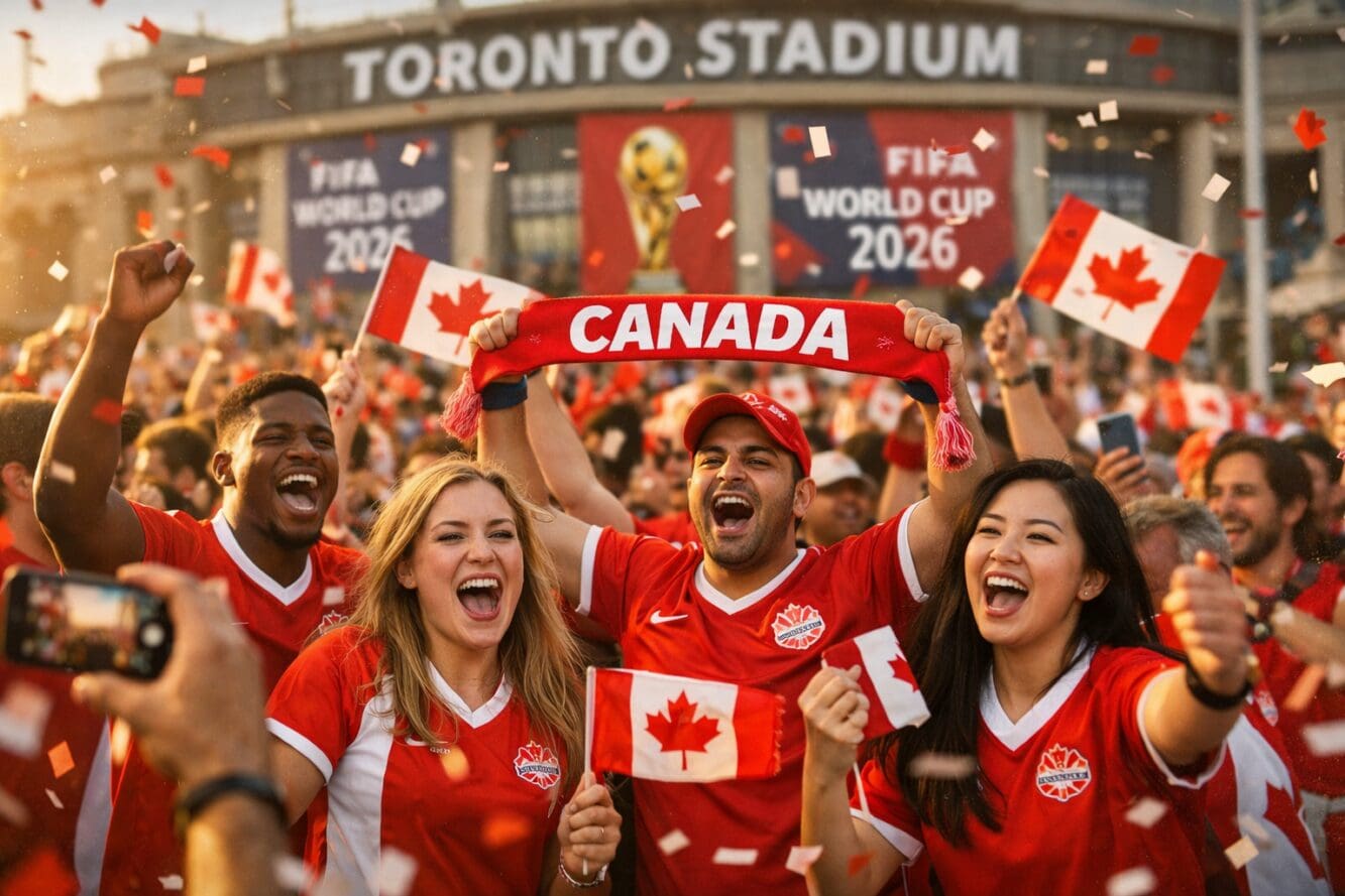 () editorial photograph showing diverse excited soccer fans in red and white Canadian jerseys celebrating outside Toronto