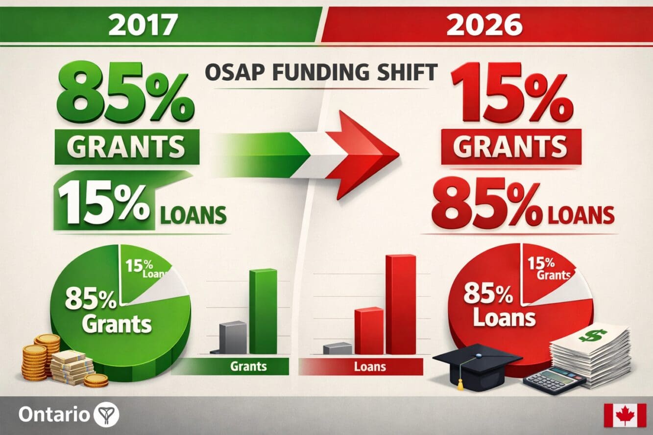 () detailed infographic showing OSAP funding transformation from 2017 to 2026, split-screen comparison with left side