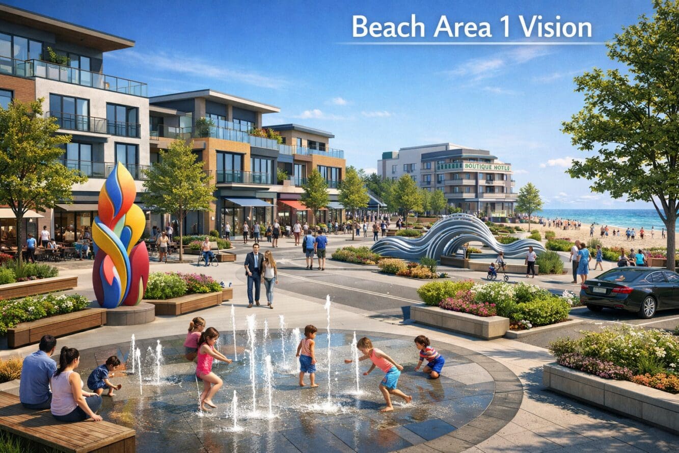 () detailed architectural rendering showing Beach Area 1 transformation with modern mixed-use buildings featuring