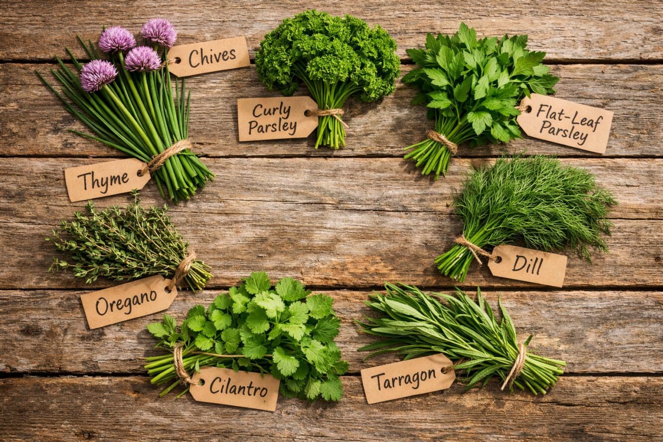 () overhead flat-lay photograph of eight labeled herb varieties suited to Canadian growing conditions arranged in a circle