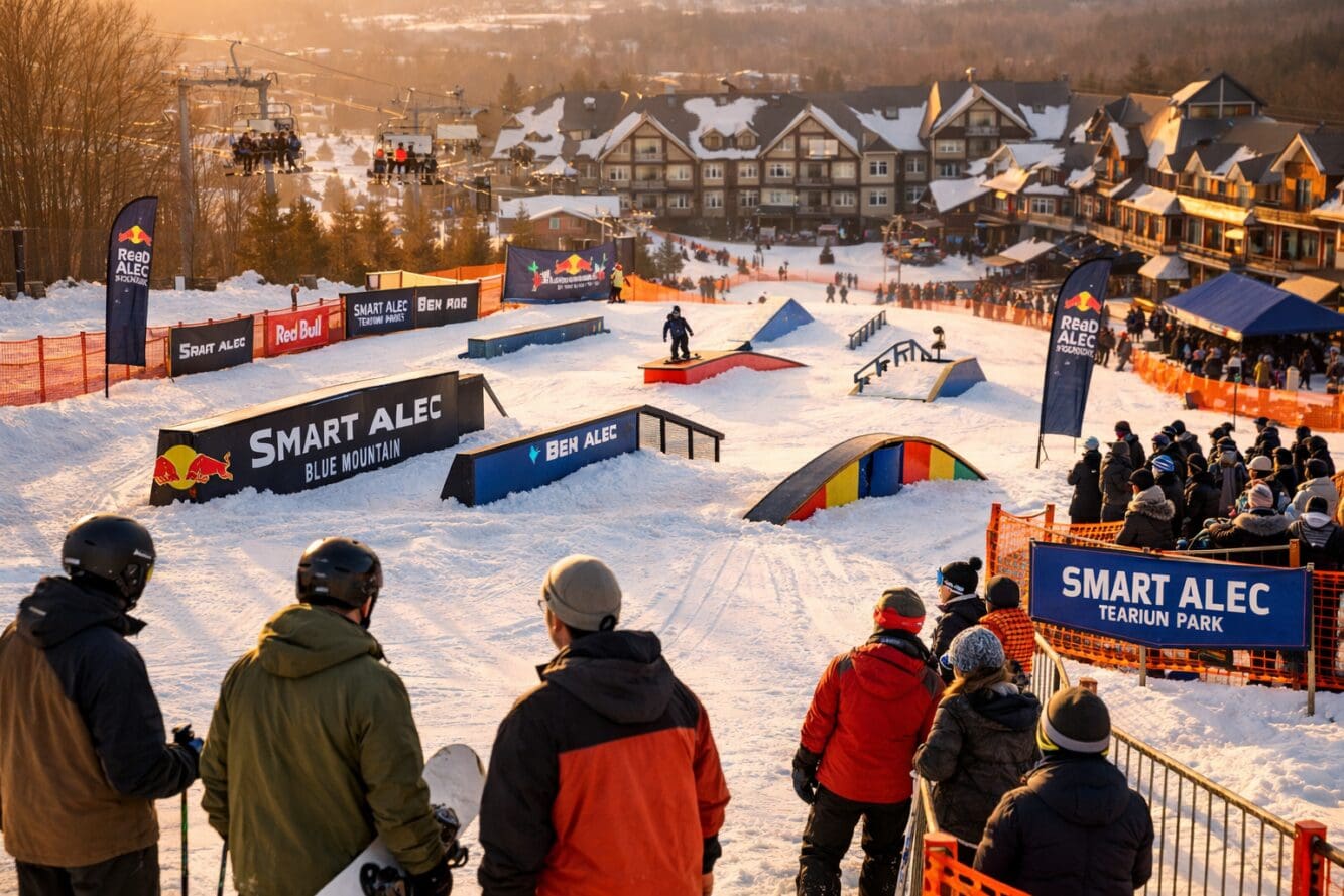 () image showing Smart Alec ski run terrain park setup at Blue Mountain Resort during golden hour, featuring multiple rail