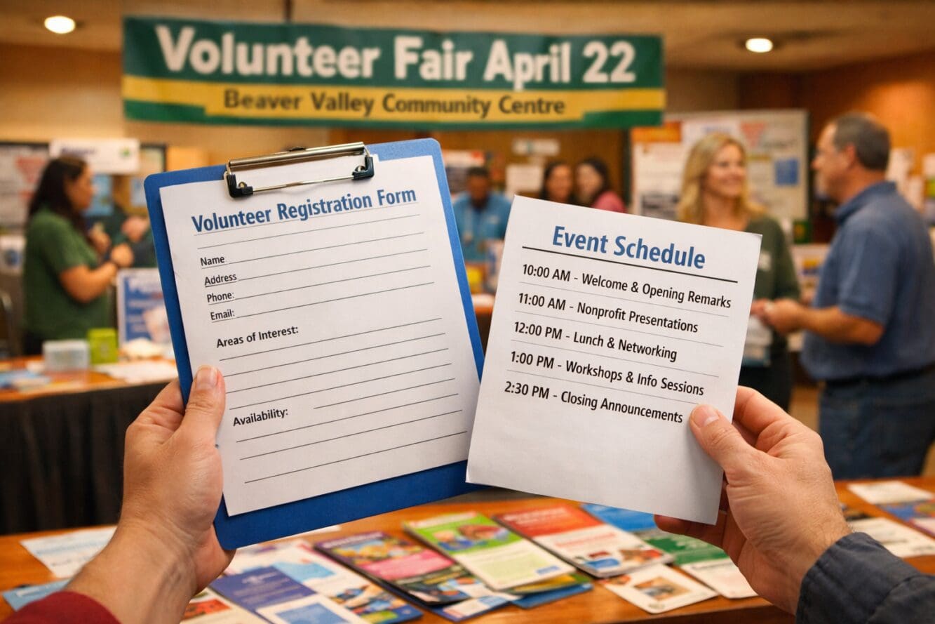 () image showing close-up of hands holding volunteer registration forms and event schedules at an indoor community fair,
