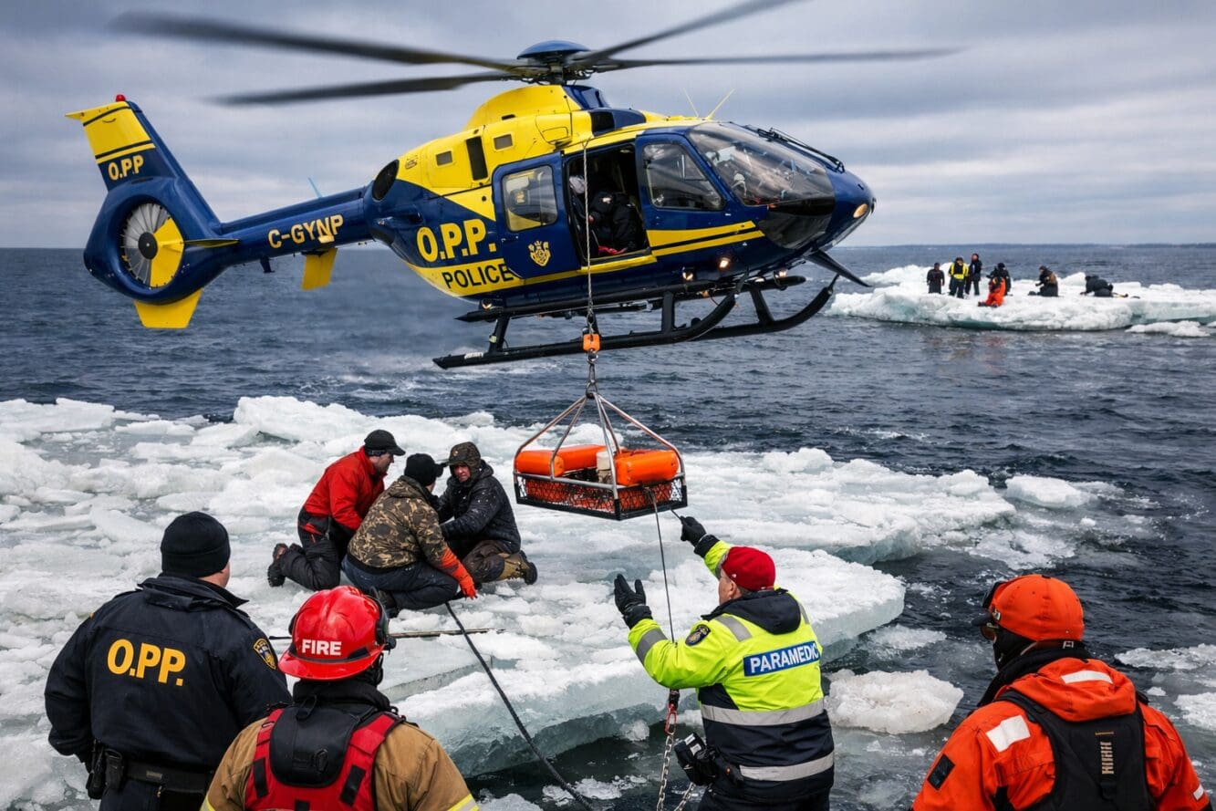 () detailed illustration showing OPP helicopter with bright yellow and blue markings hovering low over fractured ice shelf