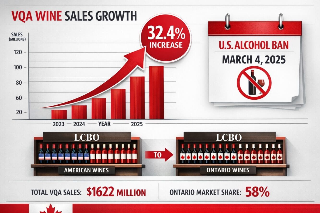 () detailed infographic showing VQA wine sales growth chart with upward arrow indicating 32.4% increase, calendar marking