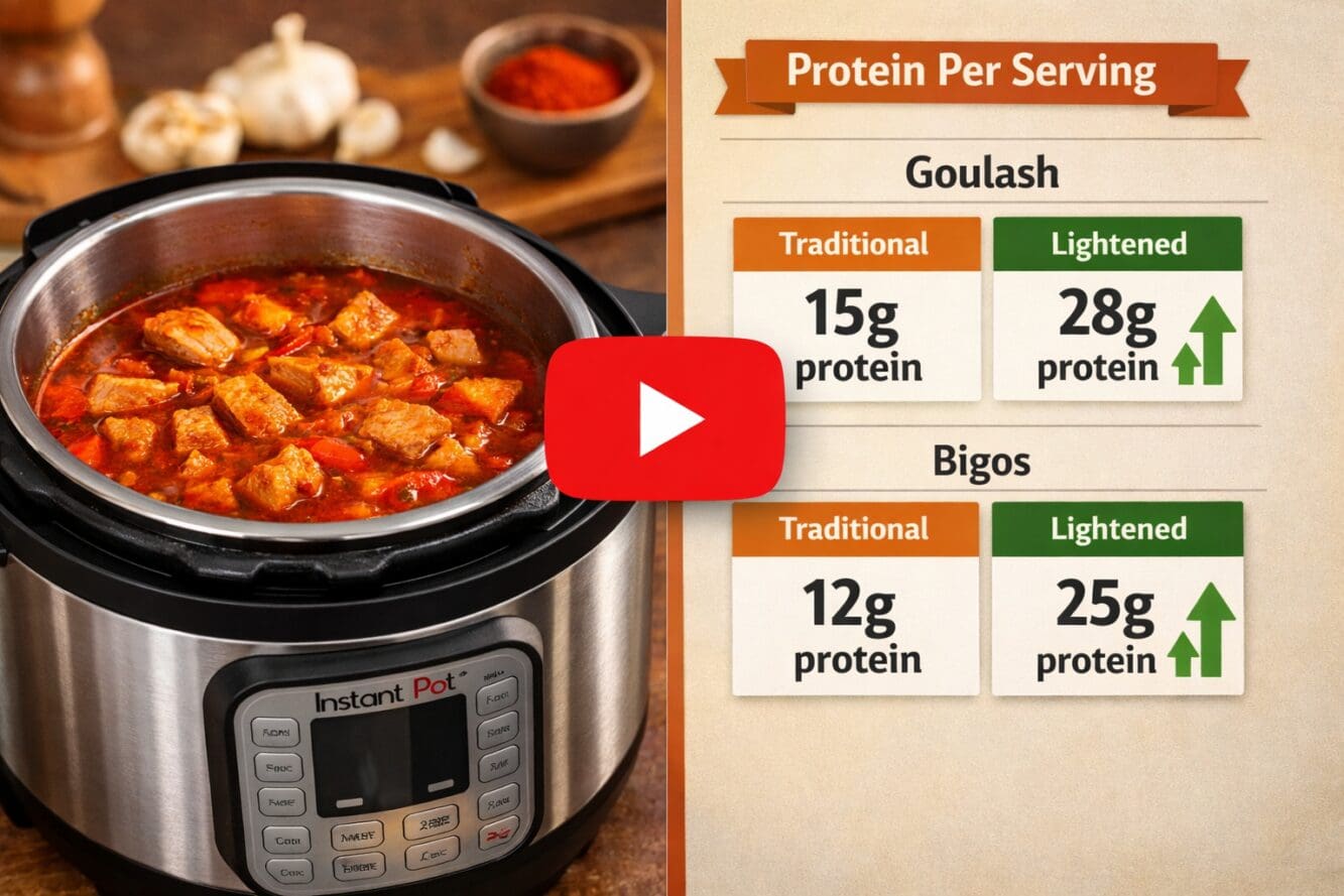 () split-scene editorial image: left side shows a modern Instant Pot slow cooker with vibrant turkey goulash bubbling