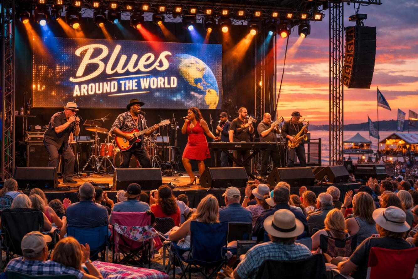 Detailed () image showing diverse international blues musicians performing on large beachfront stage with professional