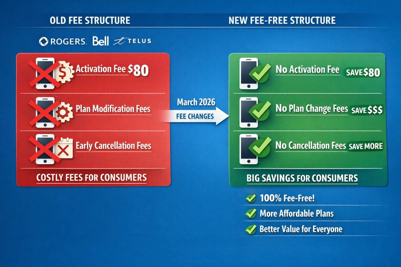 () infographic showing three banned fee categories with red X marks over each: activation fees ($80), plan modification