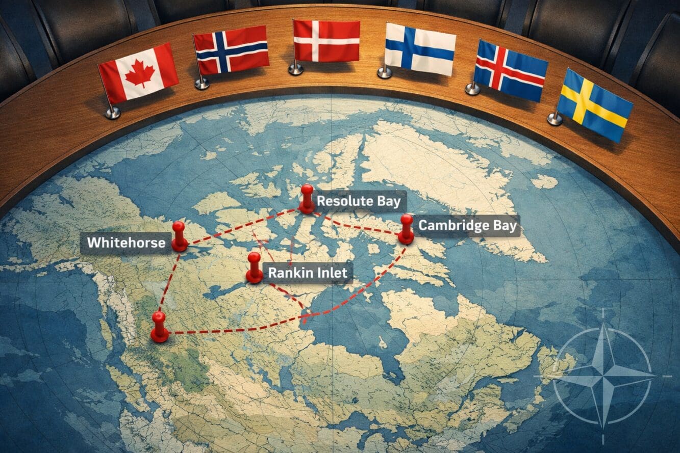 Detailed () editorial illustration showing a large conference table viewed from above with miniature flags of Canada,