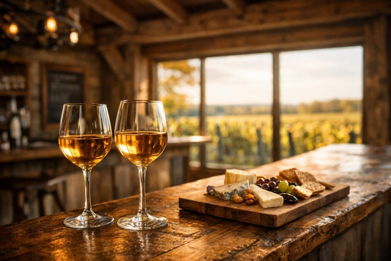 () editorial photograph of a rustic Prince Edward County winery tasting room interior, natural wood beams, sunlight