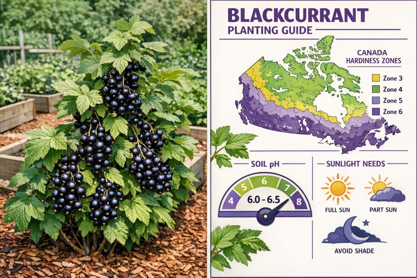 Detailed () editorial image showing a split-panel comparison: left side displays a thriving blackcurrant shrub (Titania or
