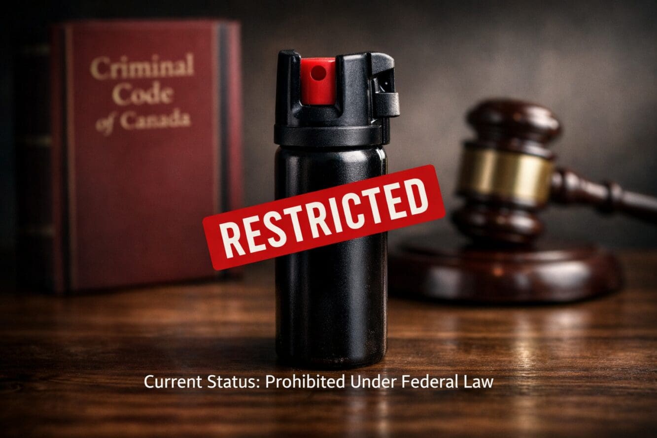 () editorial image showing pepper spray canister in foreground with 'RESTRICTED' label in red, positioned on wooden table