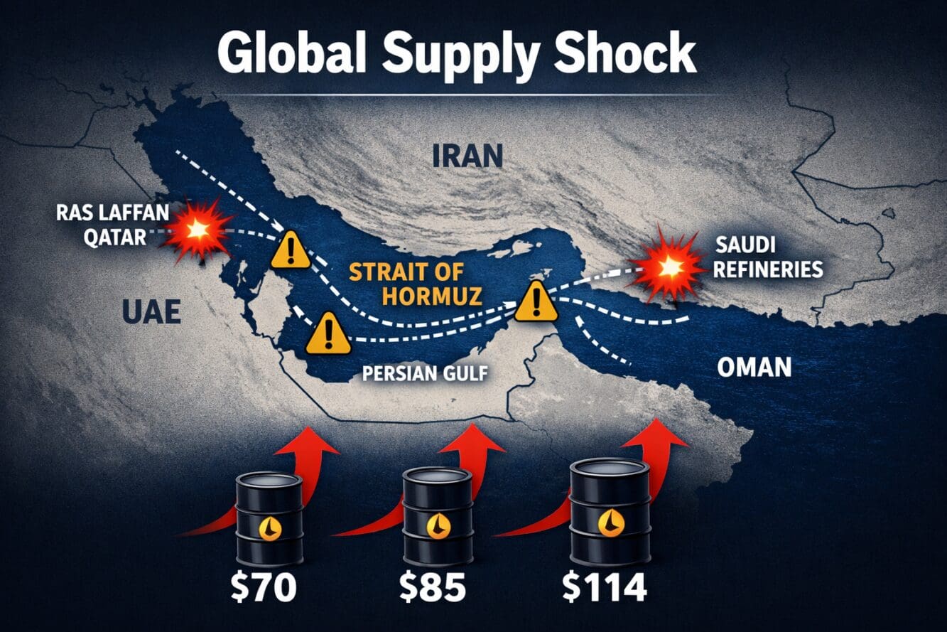 () editorial infographic-style image showing a world map centered on the Strait of Hormuz and Persian Gulf region with red