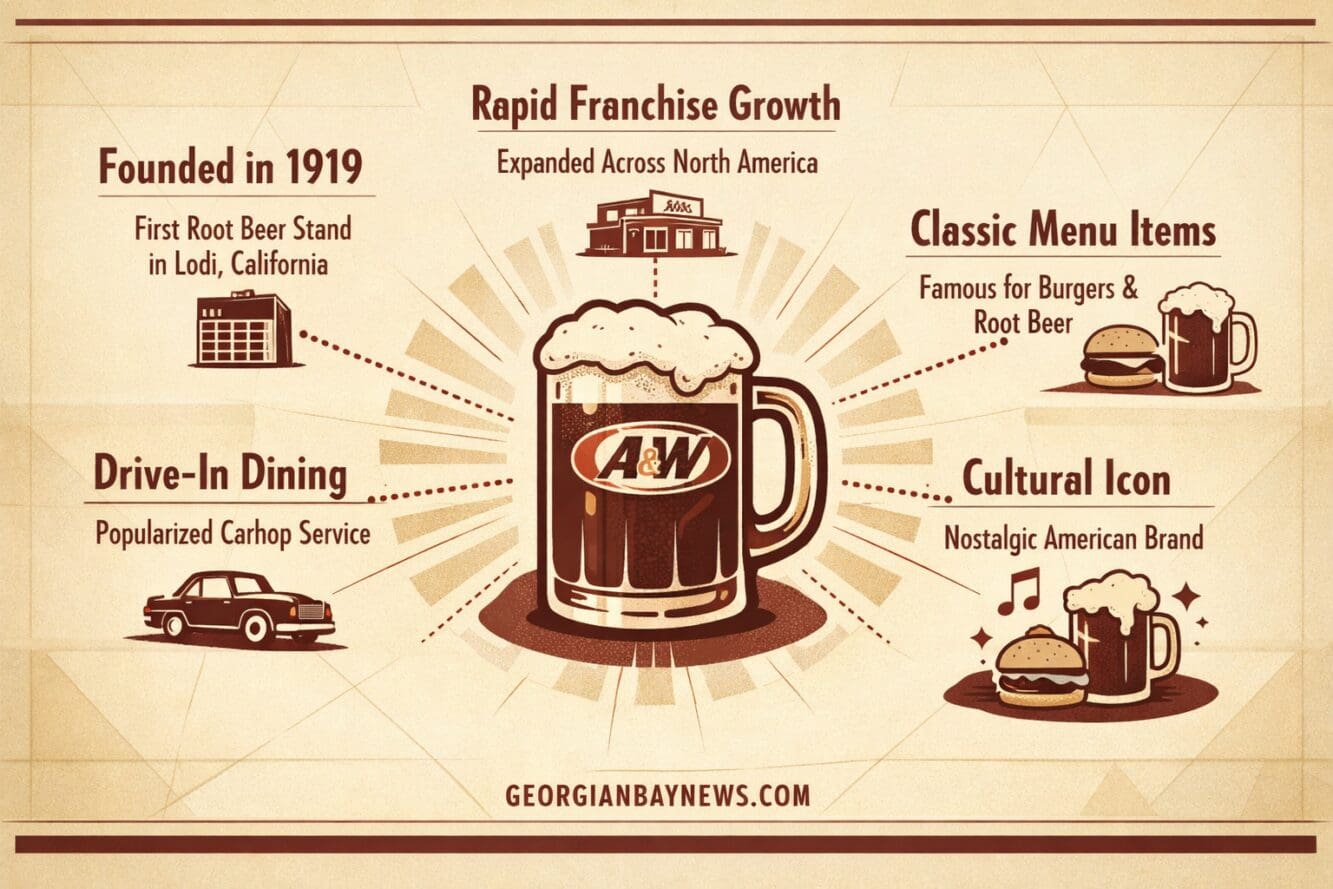 Minimalist infographic for 'Key Takeaways' section featuring stylized A&W root beer mug icon at center, radiating