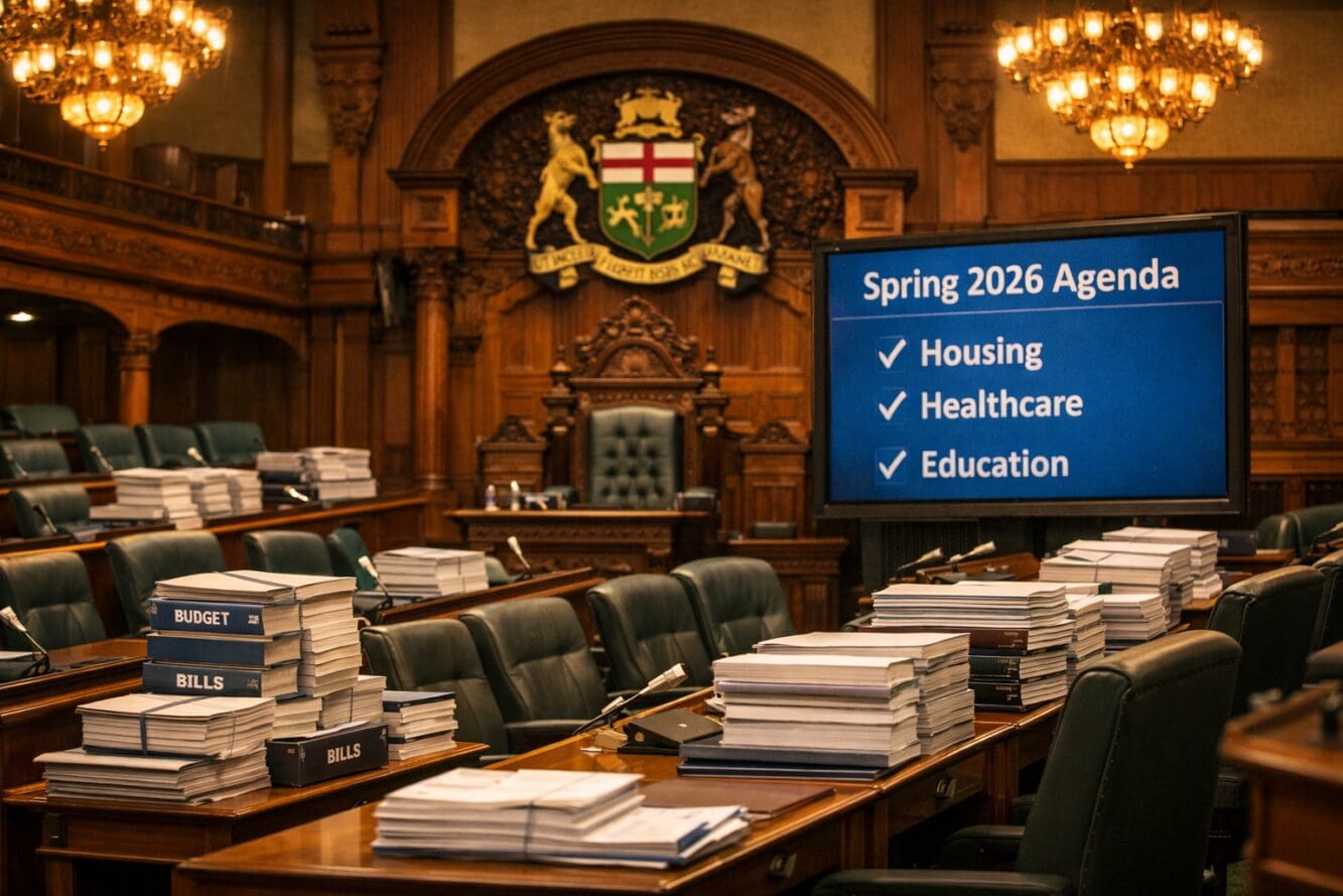 Detailed () editorial illustration showing a wide-angle interior view of the Ontario Legislature chamber at Queen's Park,
