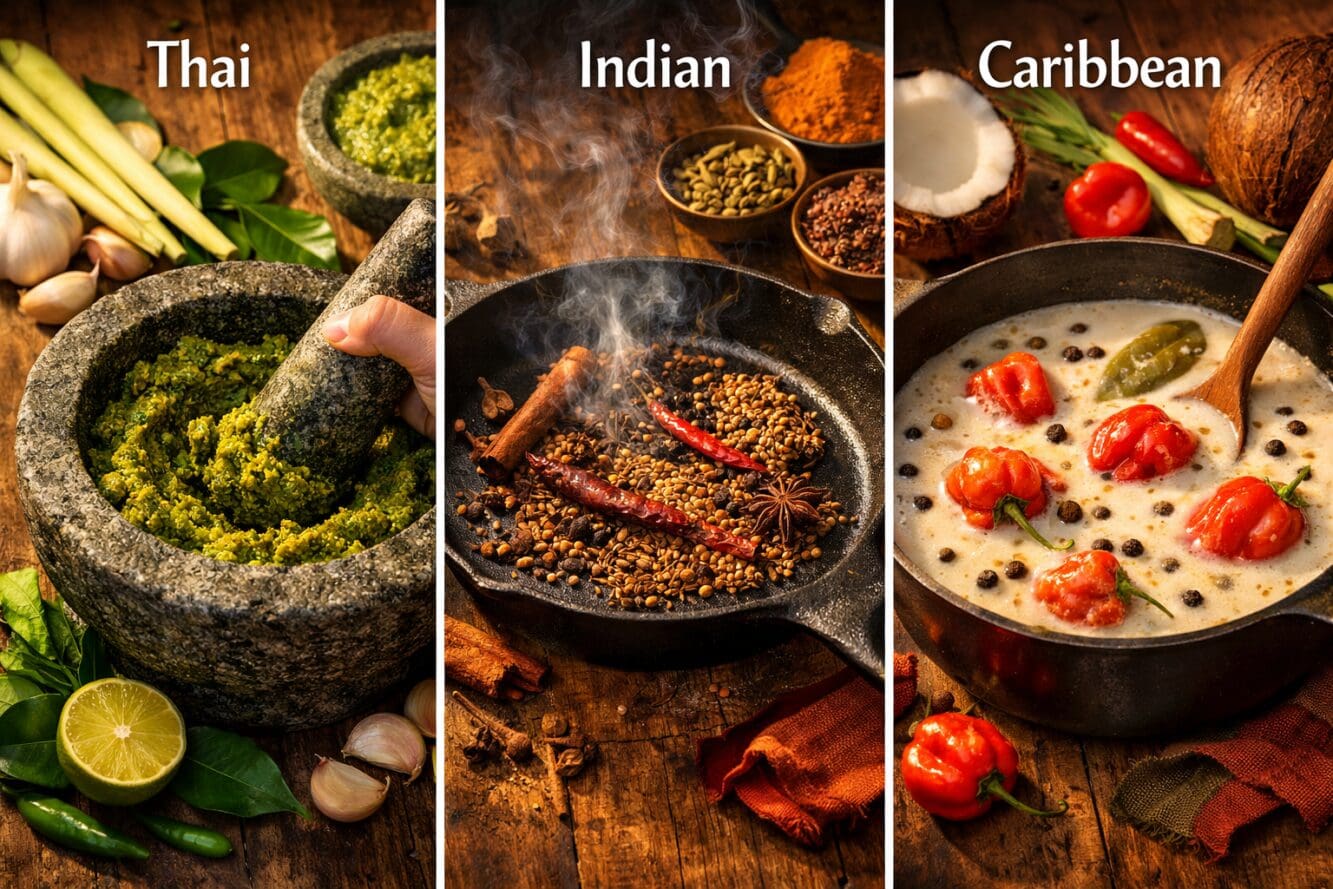 () editorial food photography showing a triptych comparison of three distinct curry bases side by side: a Thai green curry