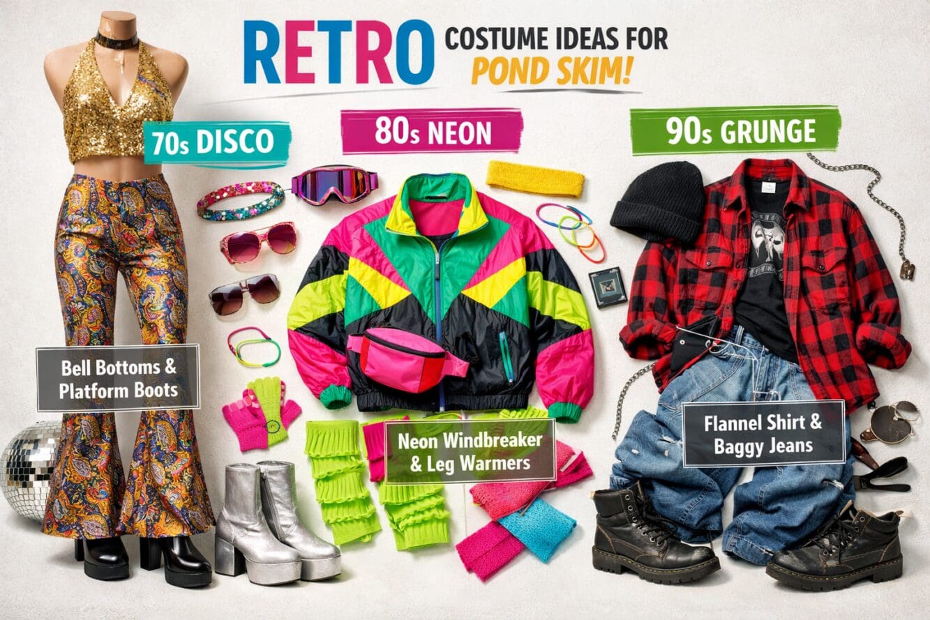 () editorial image showing vibrant collage of retro costume ideas for pond skim event: left side displays 1970s disco outfit