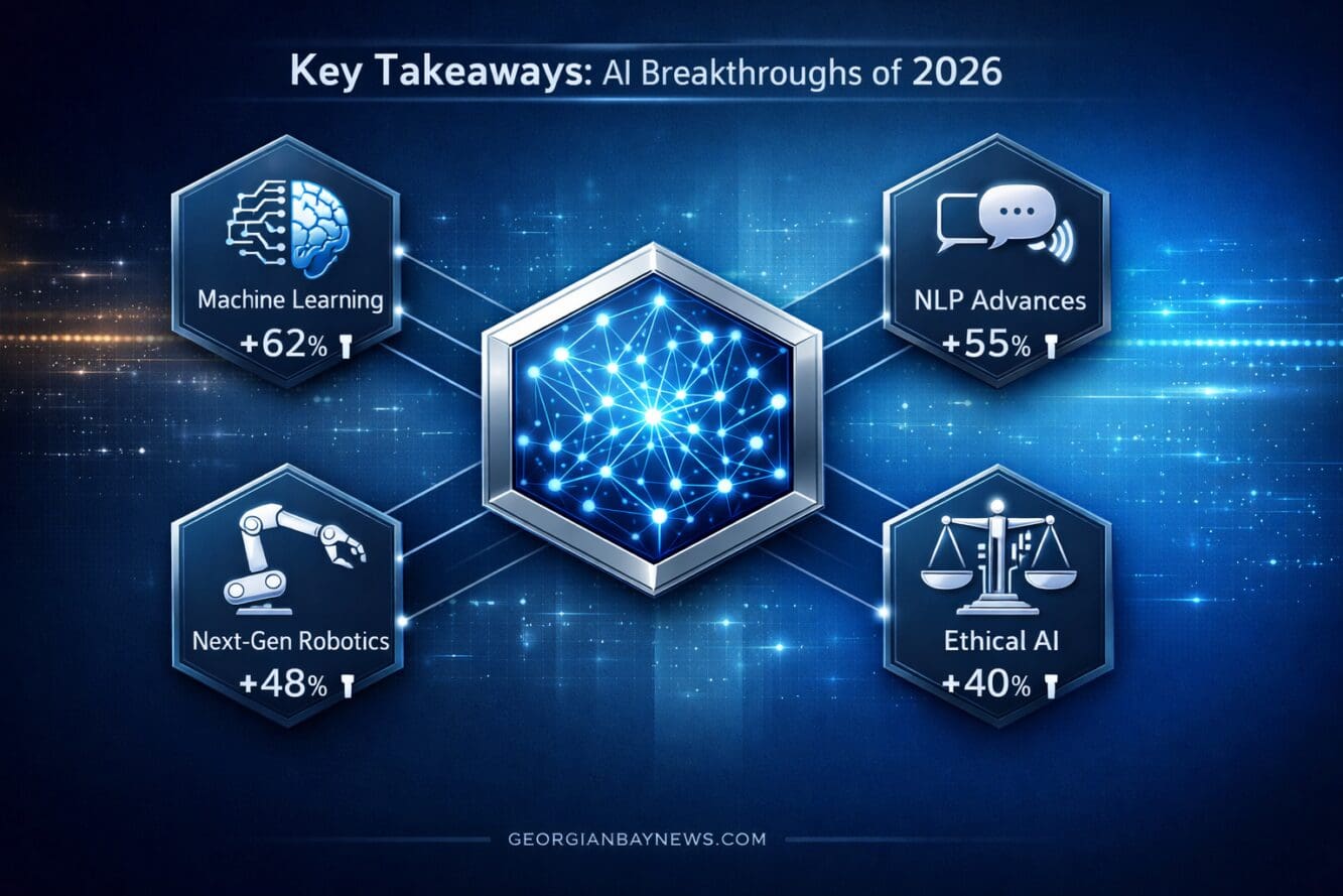 Key Takeaways section visual: Sleek, natural language processing, robotics, and ethical AI. Futuristic data visualization