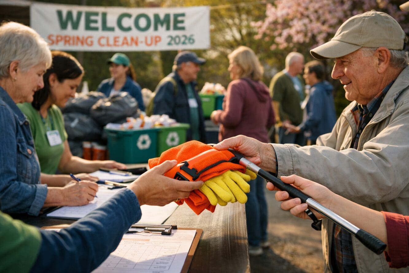 () editorial image showing volunteers of different ages registering at outdoor check-in table with clipboard and name tags,