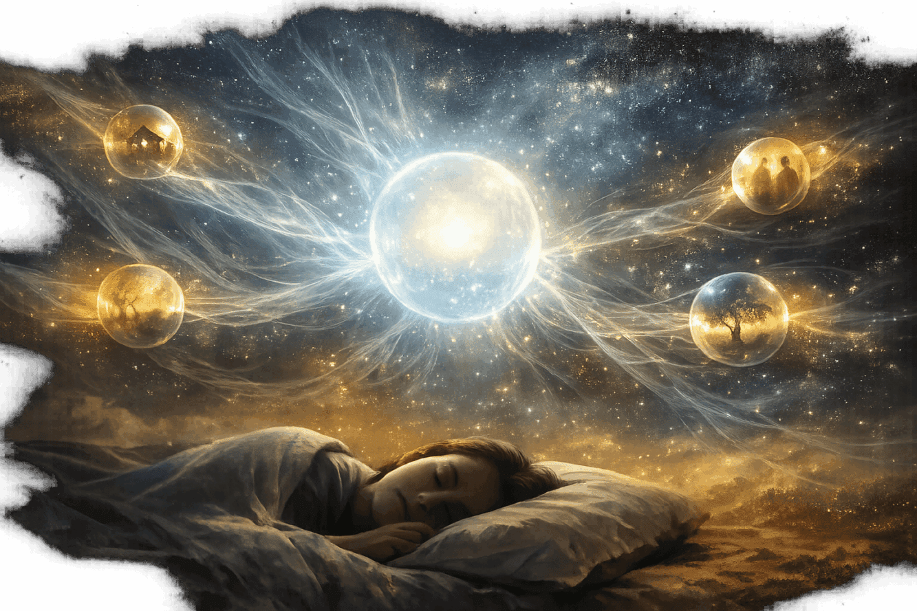 Landscape format (1536x1024) conceptual editorial image depicting a luminous spirit orb floating above a sleeping person, with translucent s