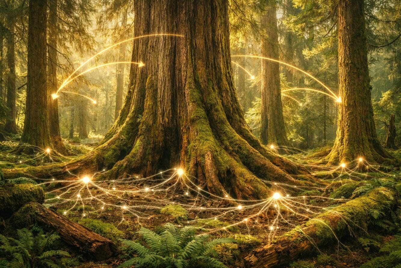 Landscape format (1536x1024) editorial photograph style image of a Pacific Northwest old-growth forest with massive cedar and Douglas fir tr