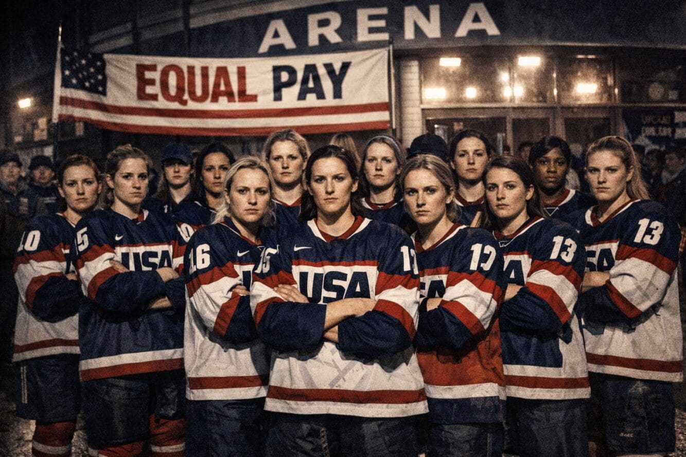 Detailed landscape format (1536x1024) image depicting a dramatic labour standoff scene: women hockey players in USA jerseys standing united