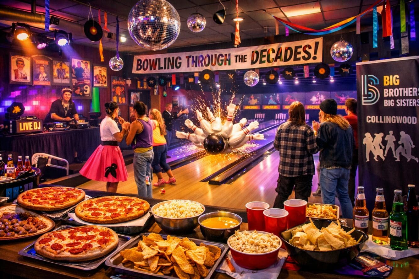 () image capturing energetic Collingwood bowling night atmosphere with retro 'Bowling Through the Decades' theme decorations