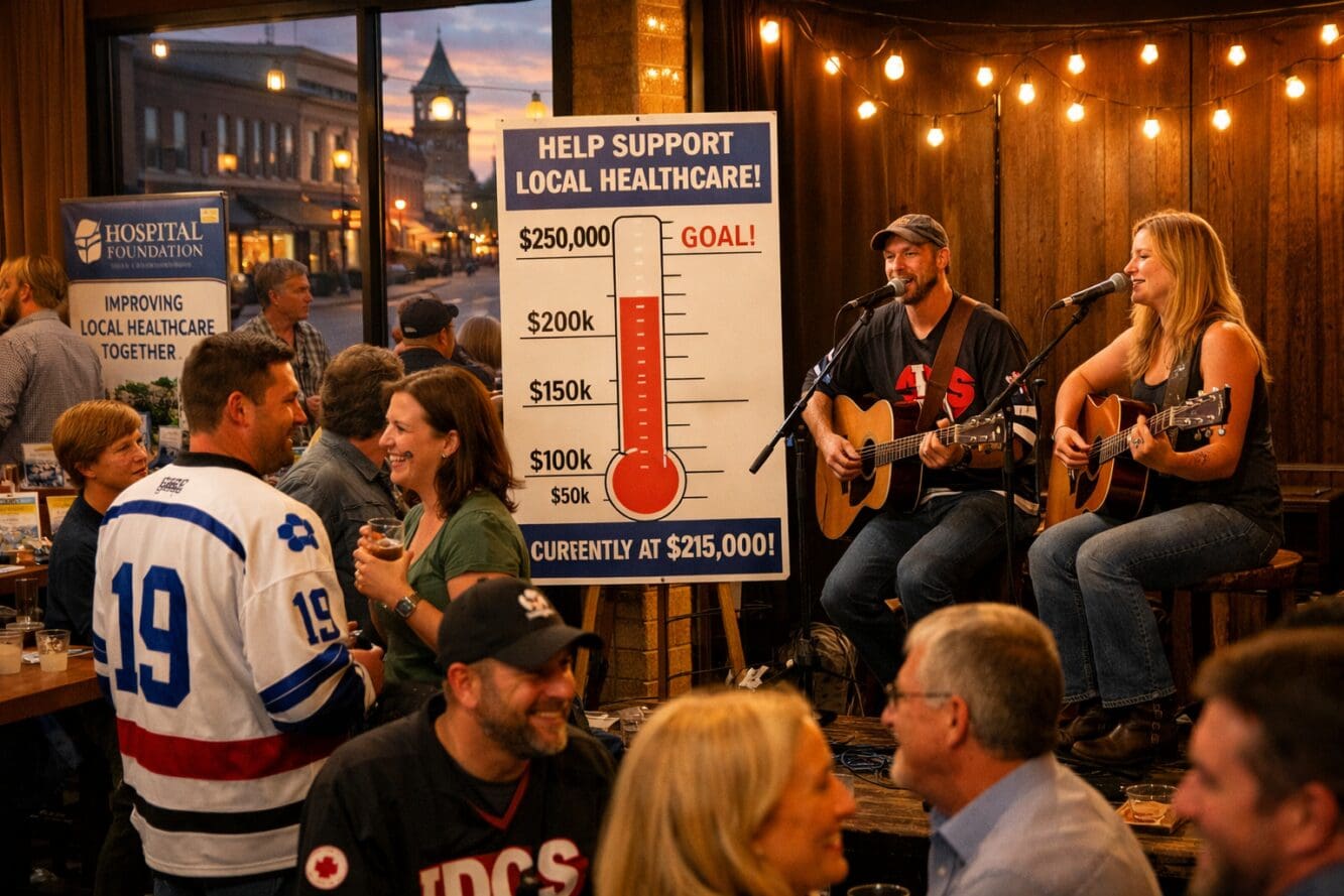 () vibrant image capturing post-game celebration and charity impact scene in Collingwood downtown venue. Foreground shows