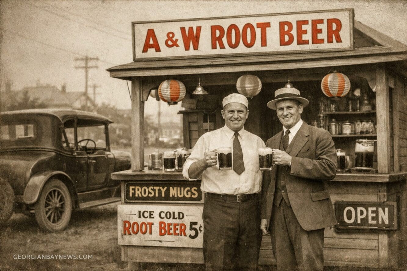 Historical documentary-style photographic composition exploring A&W's origins, featuring vintage 1920s roadside root beer
