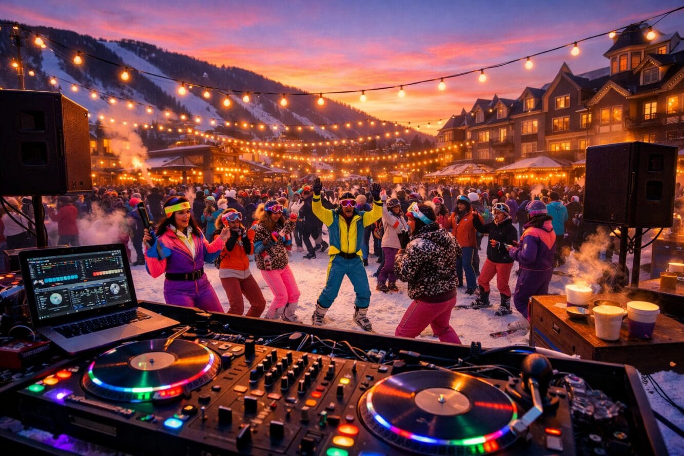 () atmospheric evening scene at Blue Mountain Village base area showing outdoor DJ booth with spinning turntables and