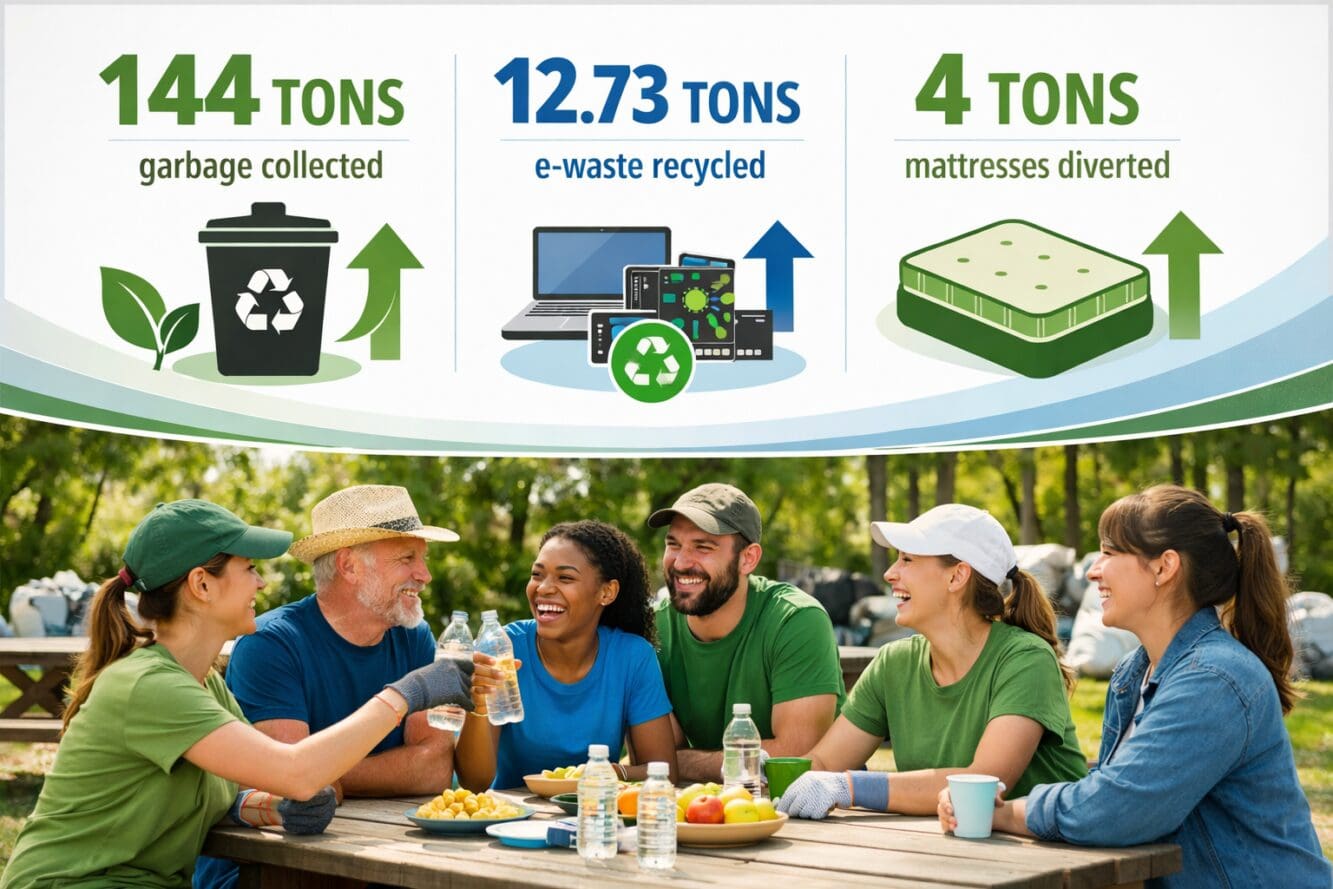 () infographic-style image displaying environmental impact statistics with numbers and icons: '144 tons garbage collected'