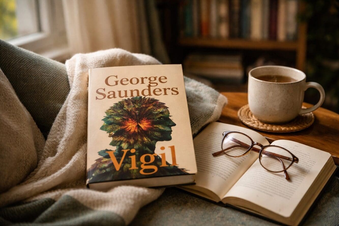 Landscape format (1536x1024) editorial still life photograph of George Saunders novel Vigil placed on a reading chair beside a warm cup of t